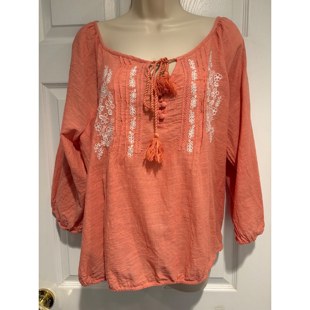 Vintage America Blues Olga Peasant Top Coral Orange Embroidered Cotton L Boho